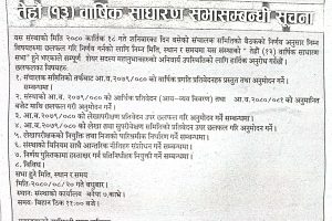 क्यापिटल बचत तथा ऋण सहकारी संस्था लिमिटेडको १३ औं वार्षिक साधारण सभा सम्बन्धी सूचना